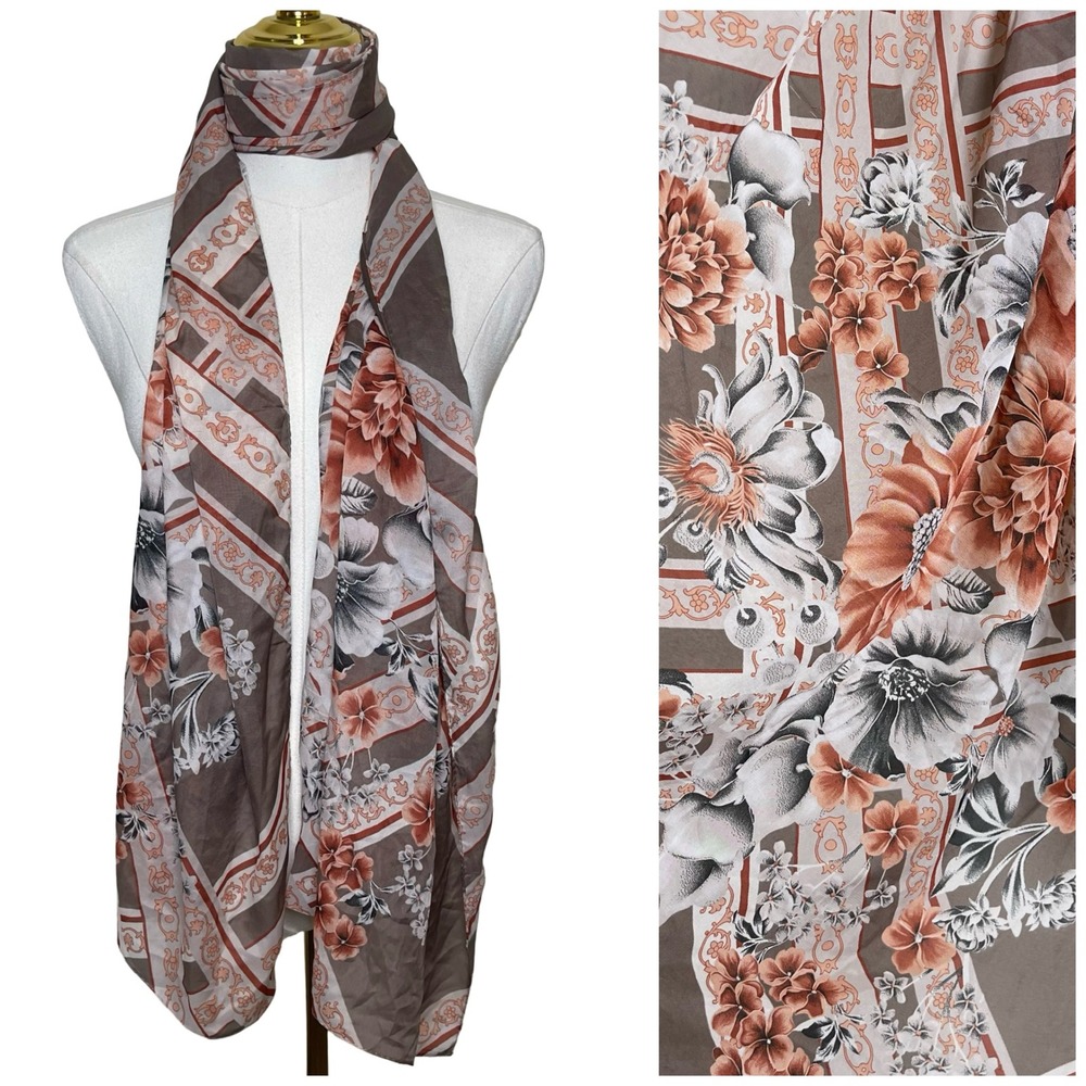 Madame Polo Floral Silk Scarf Women Brown Orange Turkish Botanical Print Wrap‎